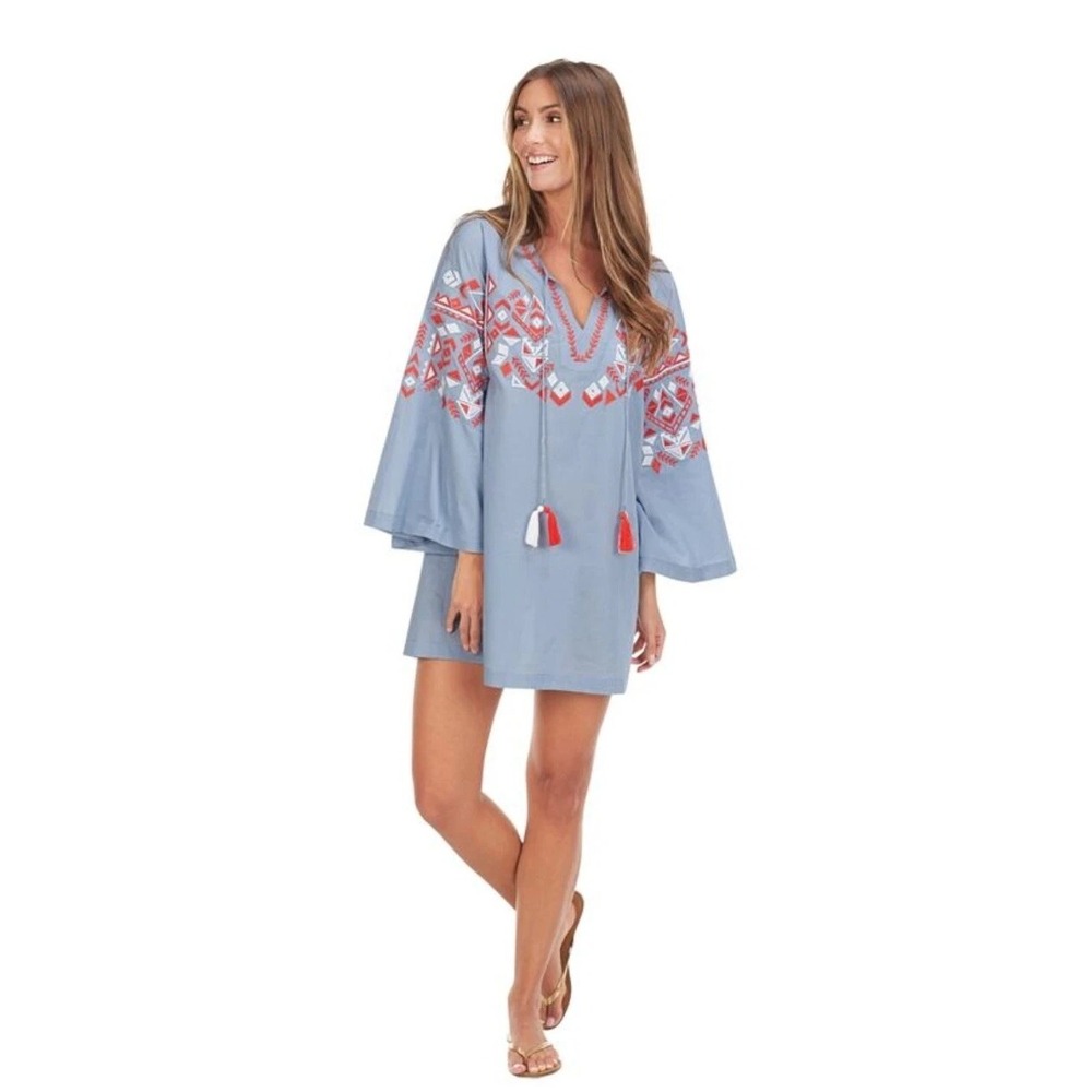 Mud Pie Tillery Embroidered Shift Dress Blue Orange Boho Tassel S 80100020SW-S